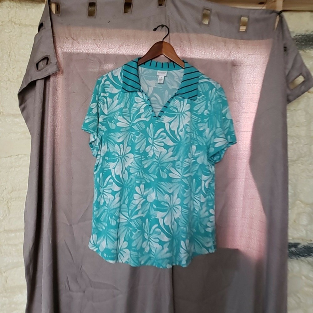 Chico's Polo Shirt Womens 3 Blue Floral Print Collared Short Sleeve Jersey Top